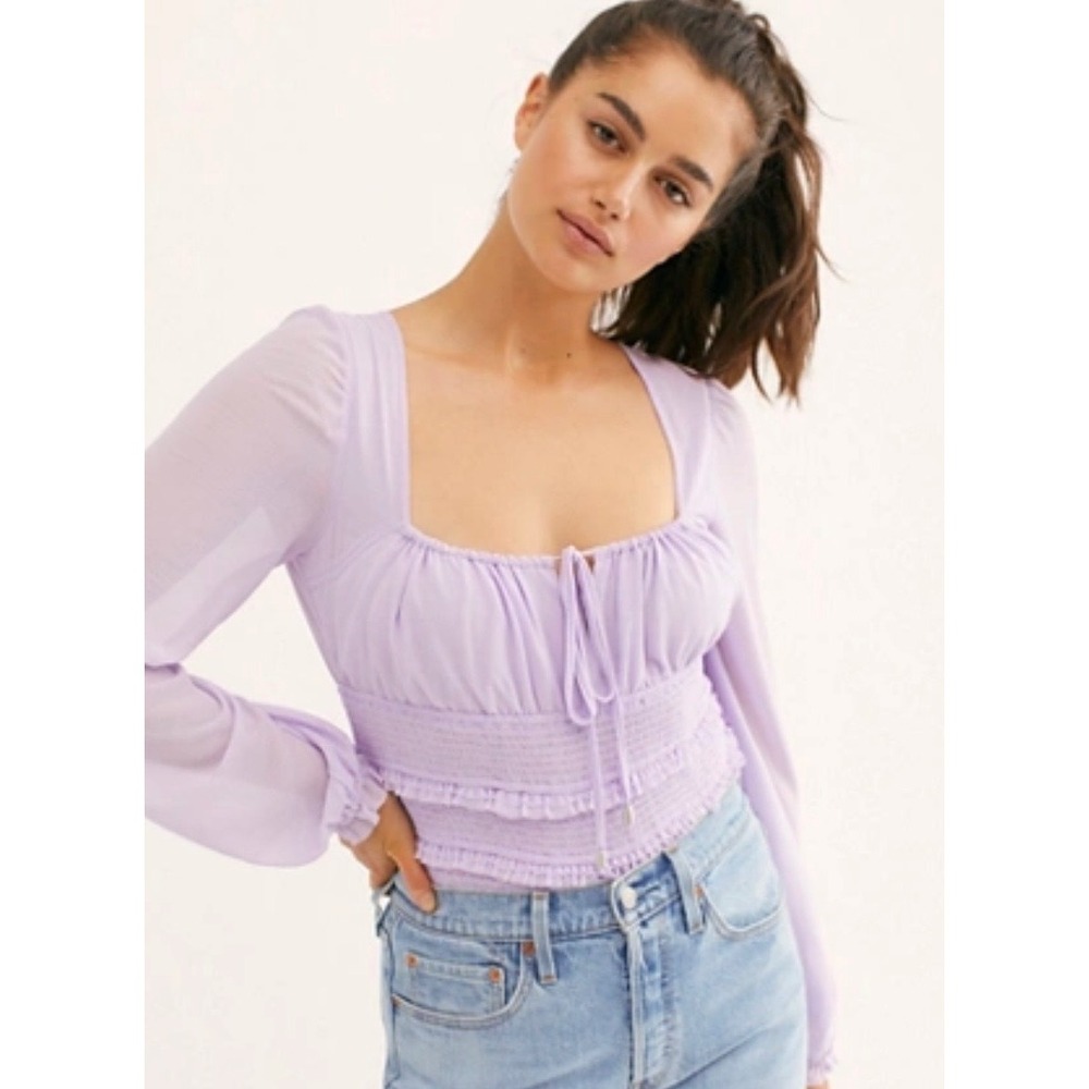 Free People Lolita Top XS Lavender Sheer Smocked Square Neck